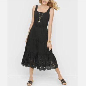 TALBOTS BLACK FIT & FLARE TIERED JERSEY EYELET MIDI DRESS
